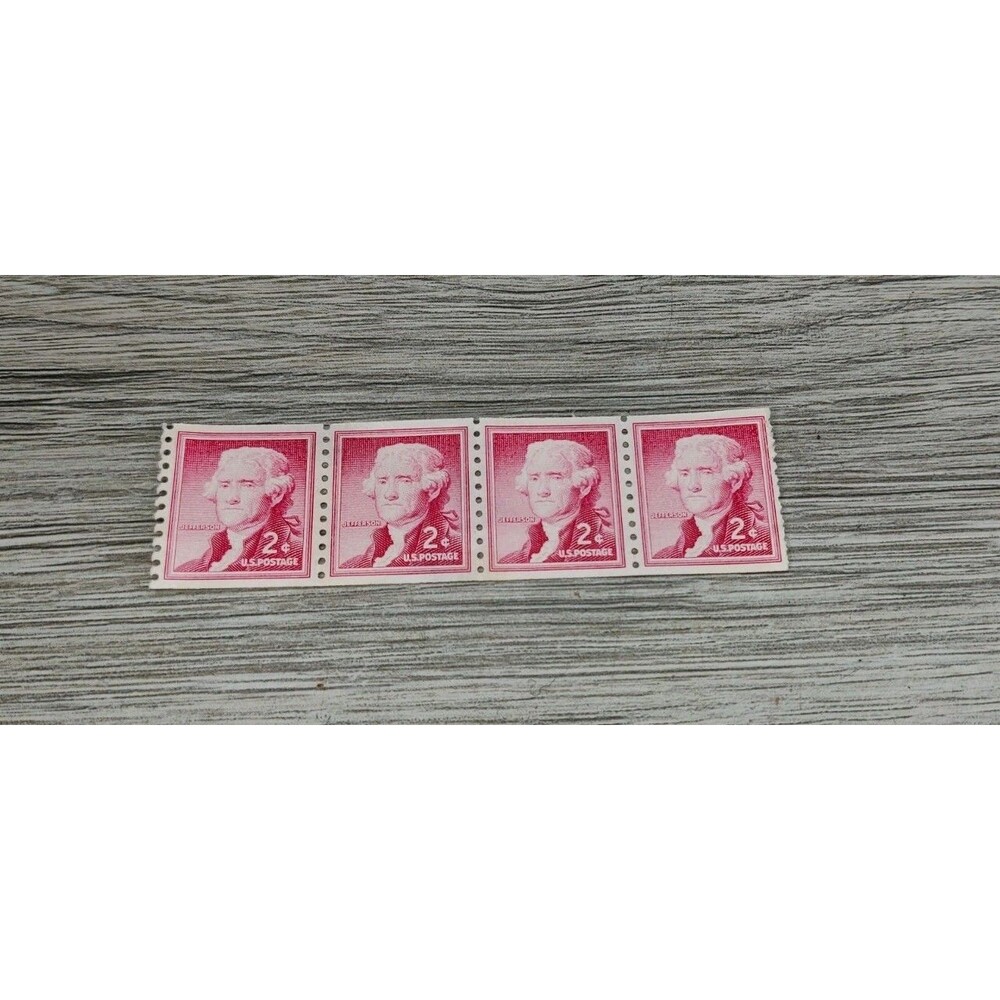 Vintage 2 Cent Thomas Jefferson Postage Stamps Strip of 4 Coil Unused Liberty Is